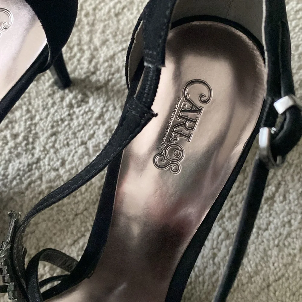 CARLOS SANTANA 8M FRISCO Black 3”‎ Strappy HEELS Sparkly Feather